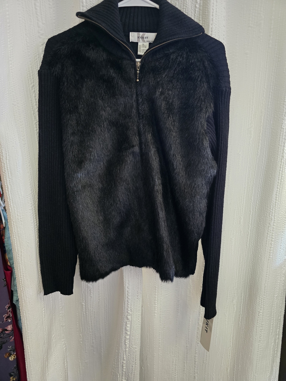 Womens XL Arche Black Faux-Fur Zip Mock Neck Sweater